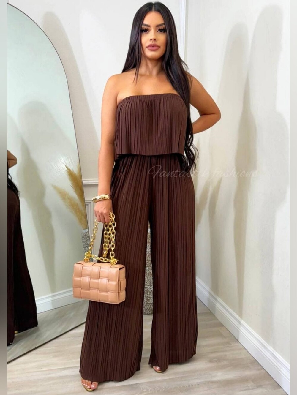 Strapless Pleated Wide-Leg Jumpsuit - Chocolate Brown